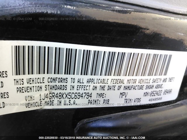 1J4GR48KX5C694794 - 2005 JEEP GRAND CHEROKEE LAREDO/COLUMBIA/FREEDOM 黑色 照片 9