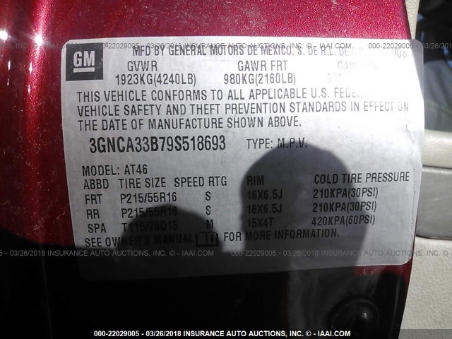 3GNCA33B79S518693 - 2009 CHEVROLET HHR LS RED photo 9