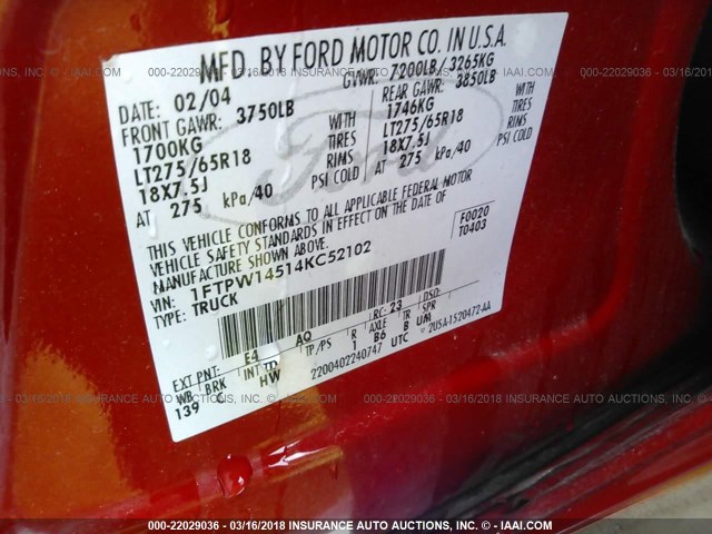 1FTPW14514KC52102 - 2004 FORD F150 SUPERCREW RED photo 9