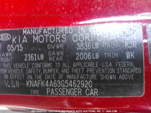 KNAFK4A63G5462920 - 2016 KIA FORTE LX RED photo 9