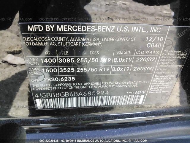 4JGBB8GB6BA685994 - 2011 MERCEDES-BENZ ML 350 4MATIC BLACK photo 9