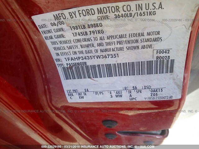 1FAHP3435YW367351 - 2000 FORD FOCUS SE/SE SPORT RED photo 9