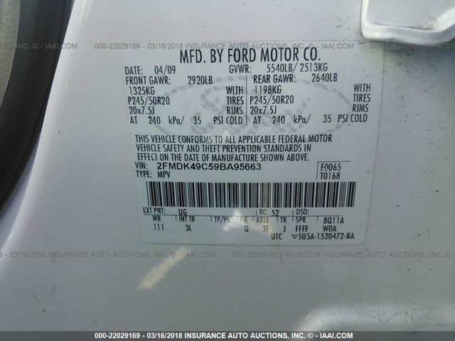 2FMDK49C59BA95663 - 2009 FORD EDGE LIMITED WHITE photo 9