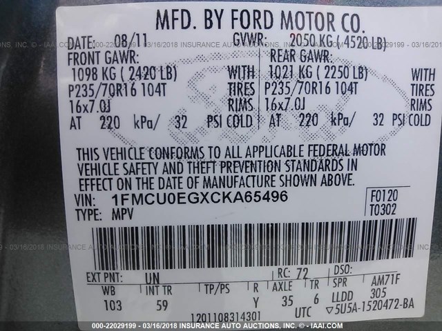 1FMCU0EGXCKA65496 - 2012 FORD ESCAPE LIMITED BLUE photo 9