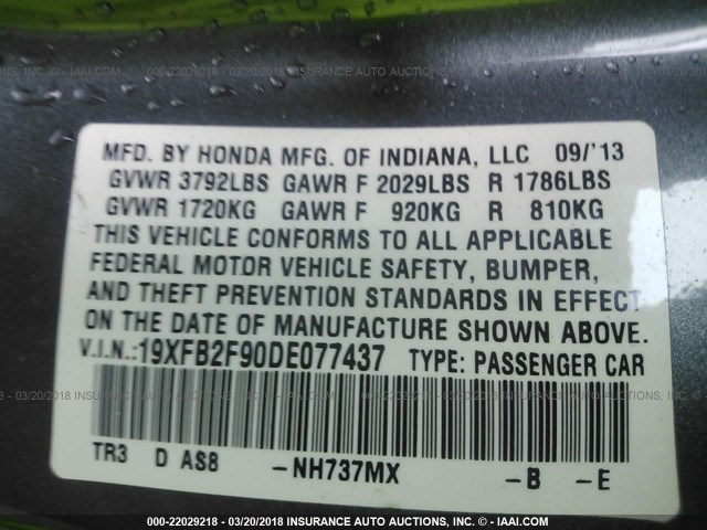 19XFB2F90DE077437 - 2013 HONDA CIVIC EXL GRAY photo 9