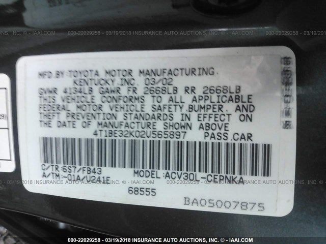 4T1BE32K02U565897 - 2002 TOYOTA CAMRY LE/XLE/SE მწვანე ფოტო 9