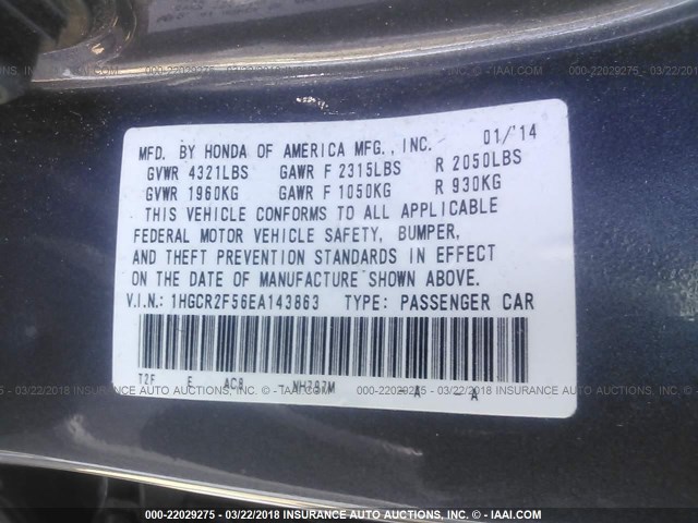 1HGCR2F56EA143863 - 2014 HONDA ACCORD SPORT 灰色 照片 9