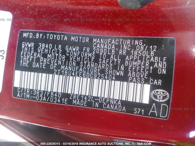 2T1BU4EE6DC925404 - 2013 TOYOTA COROLLA S/LE RED photo 9