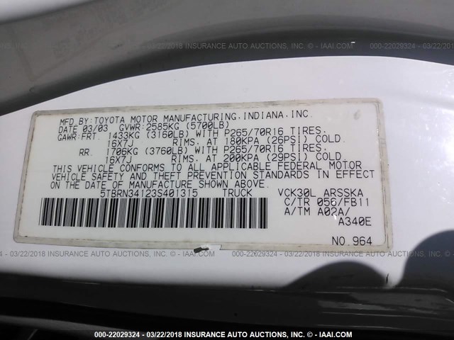 5TBRN34123S401315 - 2003 TOYOTA TUNDRA ACCESS CAB SR5 WHITE photo 9