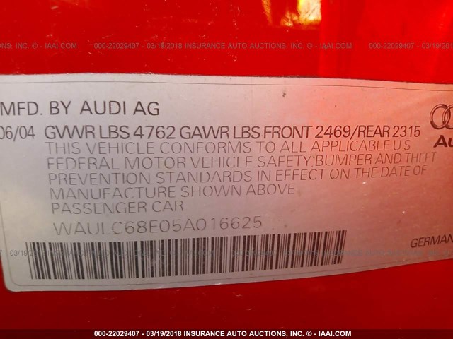 WAULC68E05A016625 - 2005 AUDI A4 1.8T QUATTRO/SPECIAL RED photo 9