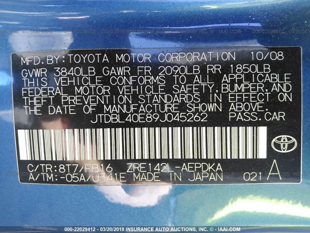 JTDBL40E89J045262 - 2009 TOYOTA COROLLA LE/XLE BLUE photo 9