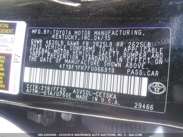 4T1BF1FK7FU066919 - 2015 TOYOTA CAMRY LE/XLE/SE/XSE BLACK photo 9