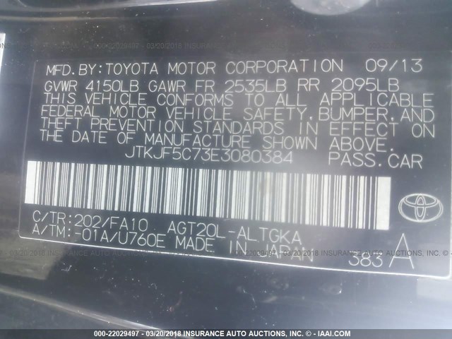 JTKJF5C73E3080384 - 2014 TOYOTA SCION TC 黑色 照片 9