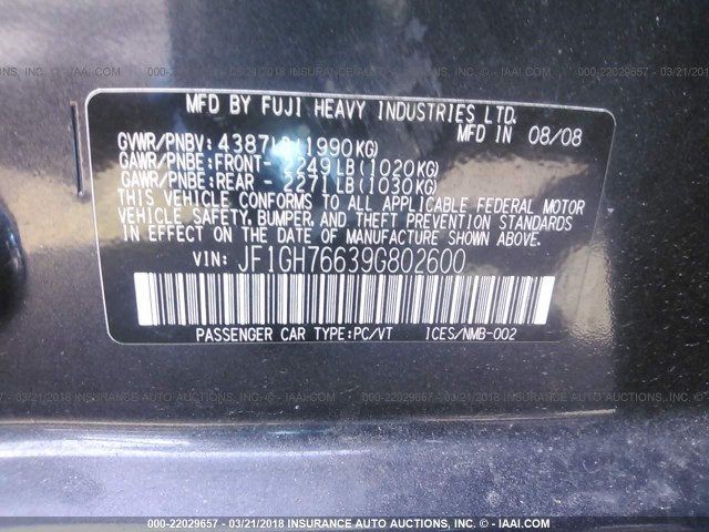 JF1GH76639G802600 - 2009 SUBARU IMPREZA WRX GRAY photo 9