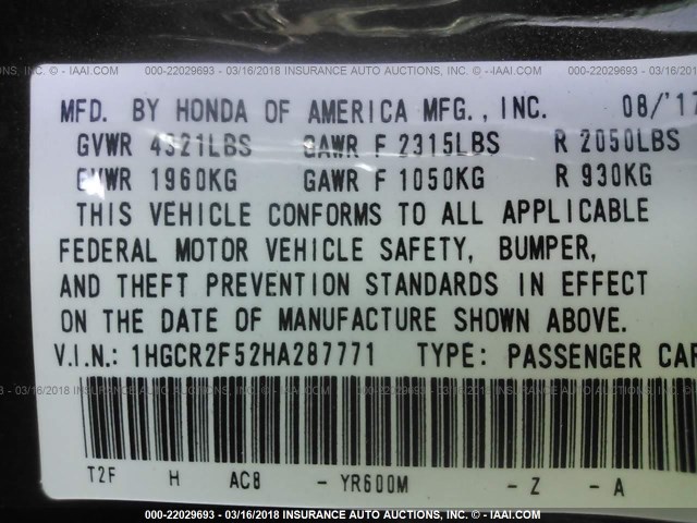 1HGCR2F52HA287771 - 2017 HONDA ACCORD SPORT 棕色 照片 9