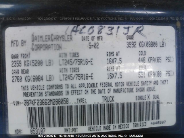 3B7KF23662M288058 - 2002 DODGE RAM 2500 BLUE photo 9