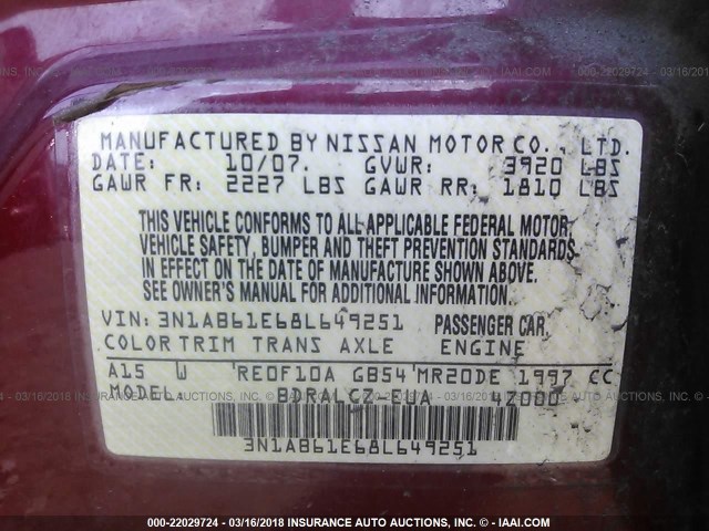 3N1AB61E68L649251 - 2008 NISSAN SENTRA 2.0/2.0S/2.0SL MAROON photo 9