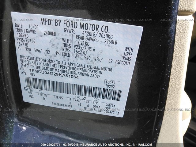 1FMCU04G29KA61064 - 2009 FORD ESCAPE LIMITED GRAY photo 9