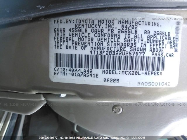 4T1BF28B22U257077 - 2002 TOYOTA AVALON XL/XLS TAN photo 9