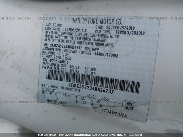 2FMZA52234BA26737 - 2004 FORD FREESTAR SEL WHITE photo 9