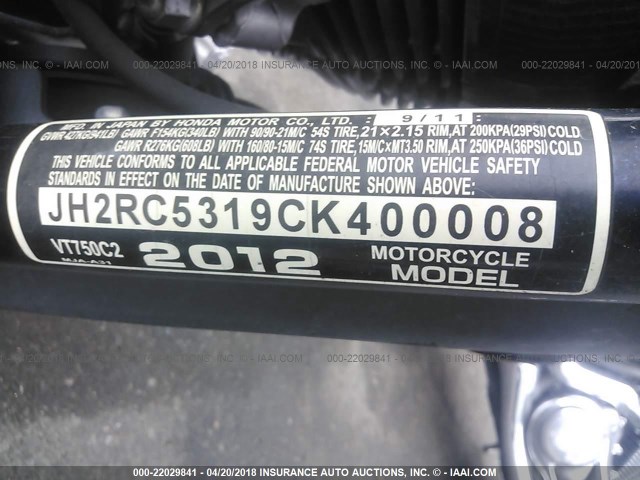 JH2RC5319CK400008 - 2012 HONDA VT750 C2 BLACK photo 10