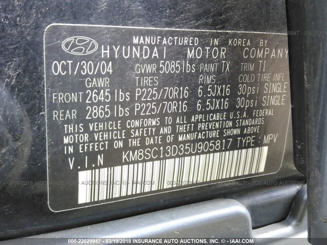 KM8SC13D35U905817 - 2005 HYUNDAI SANTA FE GLS/LX BLACK photo 9