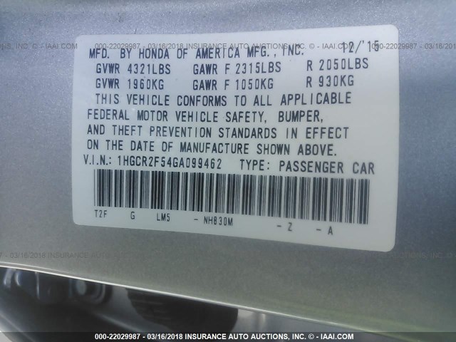 1HGCR2F54GA099462 - 2016 HONDA ACCORD SPORT 银色 照片 9