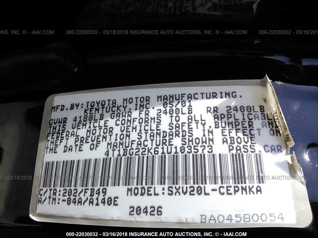 4T1BG22K61U103573 - 2001 TOYOTA CAMRY CE/LE/XLE 黑色 照片 9