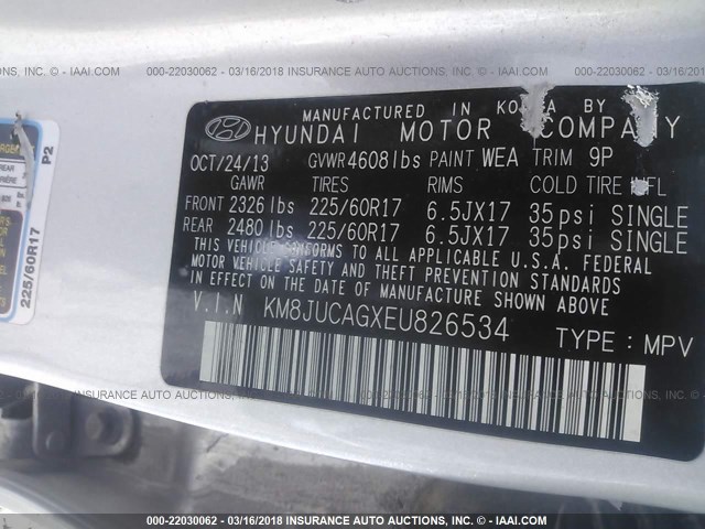 KM8JUCAGXEU826534 - 2014 HYUNDAI Tucson GLS/LIMITED/SE SILVER photo 9