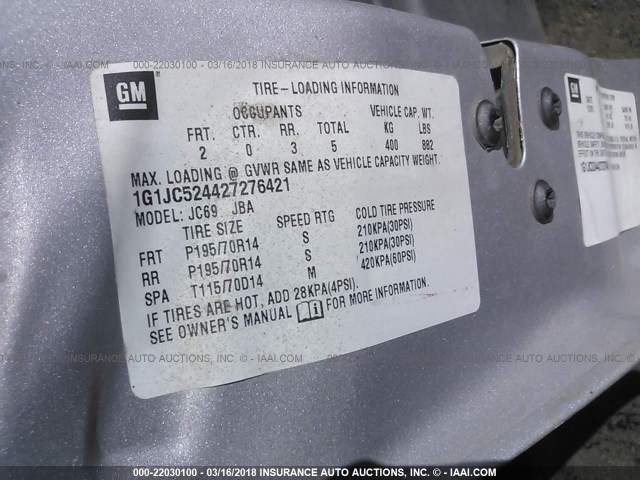 1G1JC524427276421 - 2002 CHEVROLET CAVALIER CNG SILVER photo 9