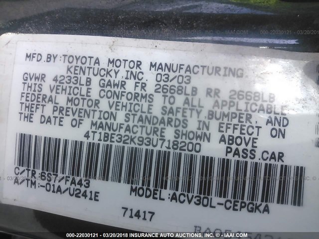 4T1BE32K93U718200 - 2003 TOYOTA CAMRY LE/XLE/SE GREEN photo 9