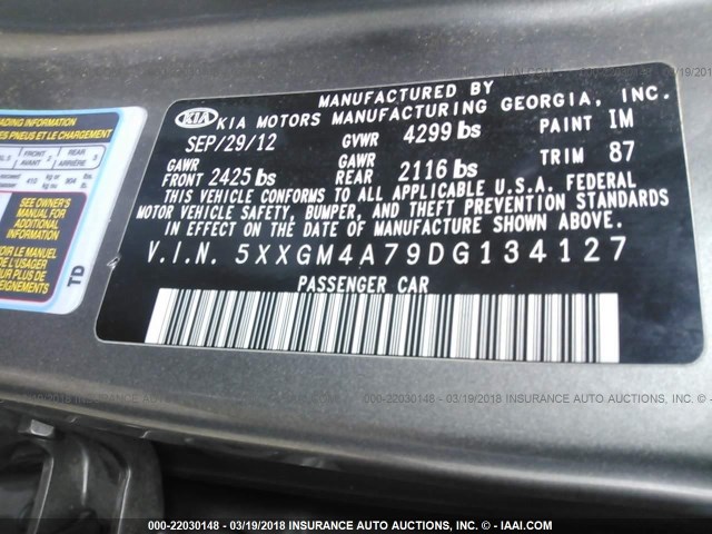 5XXGM4A79DG134127 - 2013 KIA OPTIMA LX GRAY photo 9