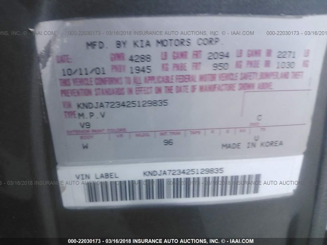 KNDJA723425129835 - 2002 KIA SPORTAGE GRAY photo 9