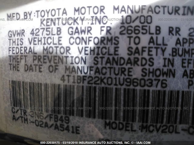 4T1BF22K01U960376 - 2001 TOYOTA CAMRY LE/XLE Կարմիր լուսանկար 9