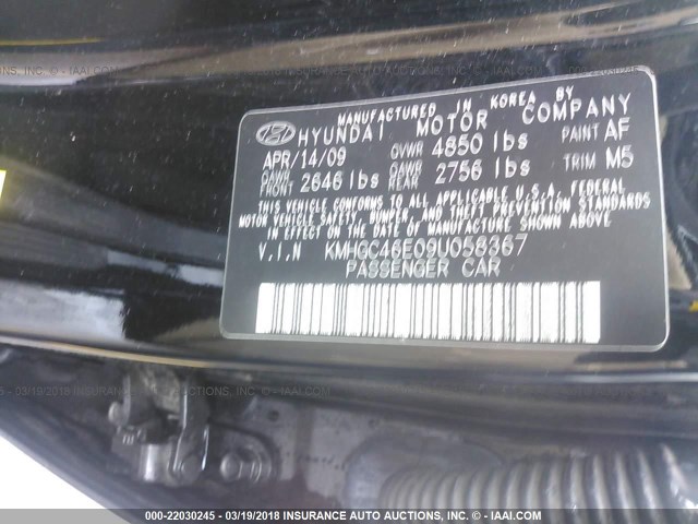 KMHGC46E09U058367 - 2009 HYUNDAI GENESIS 3.8L BLACK photo 9