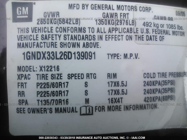 1GNDX33L26D139091 - 2006 CHEVROLET UPLANDER LT MAROON photo 9