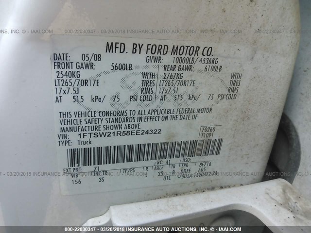 1FTSW21R58EE24322 - 2008 FORD F250 SUPER DUTY WHITE photo 9
