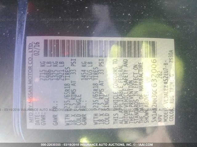 5N1AR2MN3GC632006 - 2016 NISSAN PATHFINDER S/SV/SL/PLATINUM 黑色 照片 9