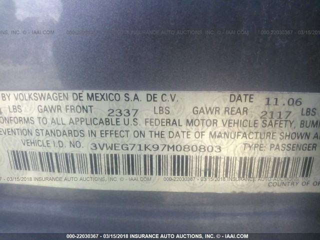 3VWEG71K97M080803 - 2007 VOLKSWAGEN JETTA WOLFSBURG 灰色 照片 9