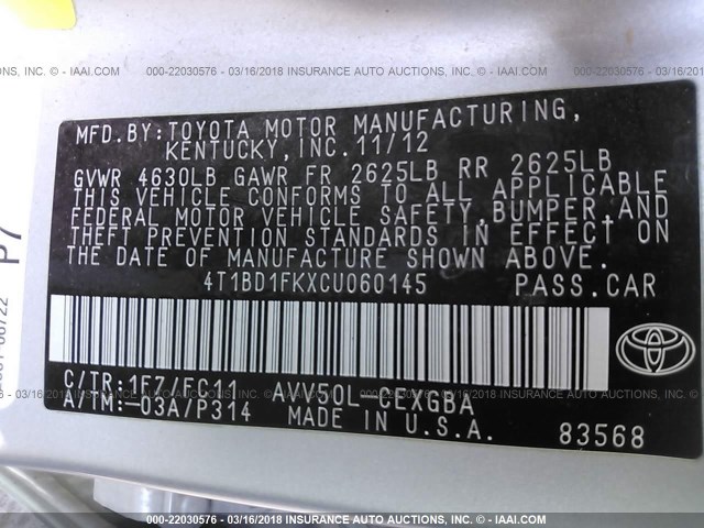 4T1BD1FKXCU060145 - 2012 TOYOTA CAMRY HYBRID/LE/XLE 银色 照片 9