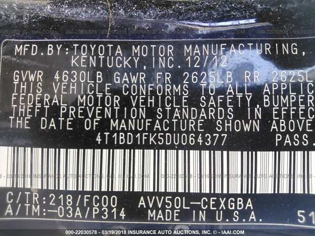 4T1BD1FK5DU064377 - 2013 TOYOTA CAMRY HYBRID/LE/XLE 黑色 照片 9