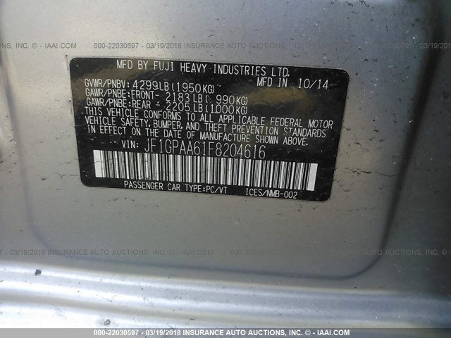 JF1GPAA61F8204616 - 2015 SUBARU IMPREZA SILVER photo 9