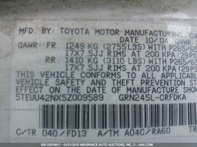 5TEUU42NX5Z009589 - 2005 TOYOTA TACOMA ACCESS CAB Ақ фото 9