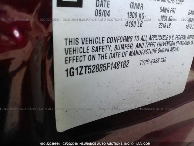 1G1ZT52885F148182 - 2005 CHEVROLET MALIBU LS 红色 照片 9