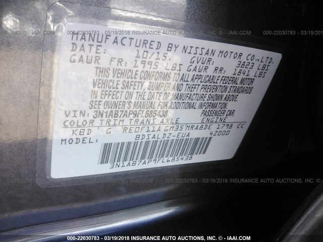 3N1AB7AP9FL685438 - 2015 NISSAN SENTRA S/SV/SR/SL GRAY photo 9