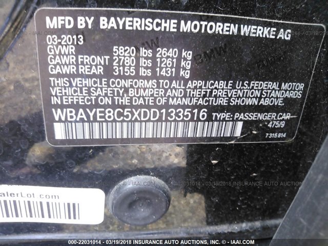 WBAYE8C5XDD133516 - 2013 BMW 750 LI BLACK photo 9