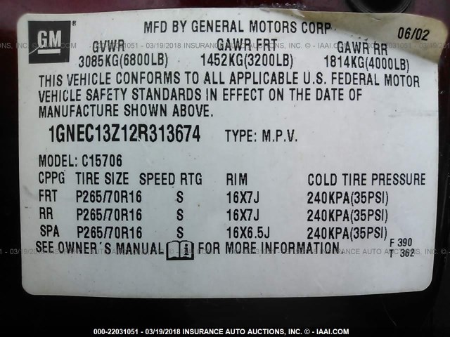 1GNEC13Z12R313674 - 2002 CHEVROLET TAHOE C1500 MAROON photo 9