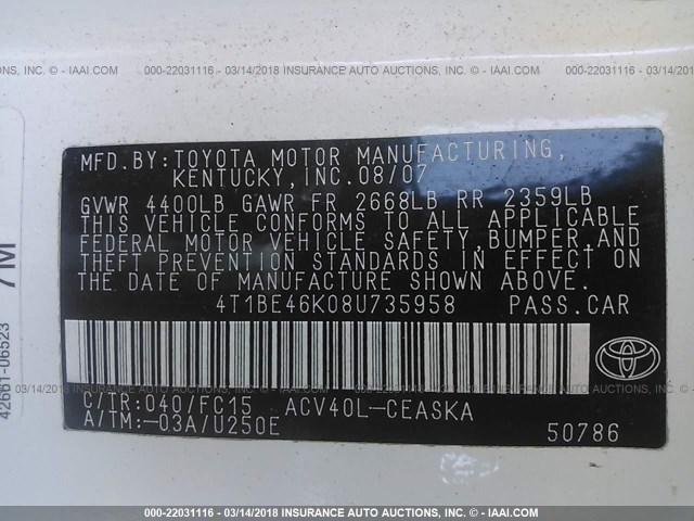 4T1BE46K08U735958 - 2008 TOYOTA CAMRY CE/LE/XLE/SE WHITE photo 9