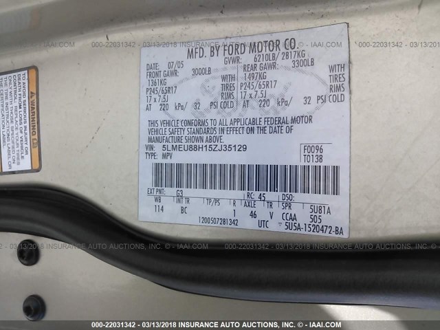 5LMEU88H15ZJ35129 - 2005 LINCOLN AVIATOR 米色 照片 9