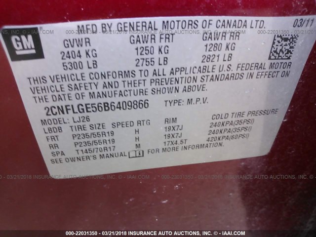 2CNFLGE56B6409866 - 2011 CHEVROLET EQUINOX LTZ RED photo 9